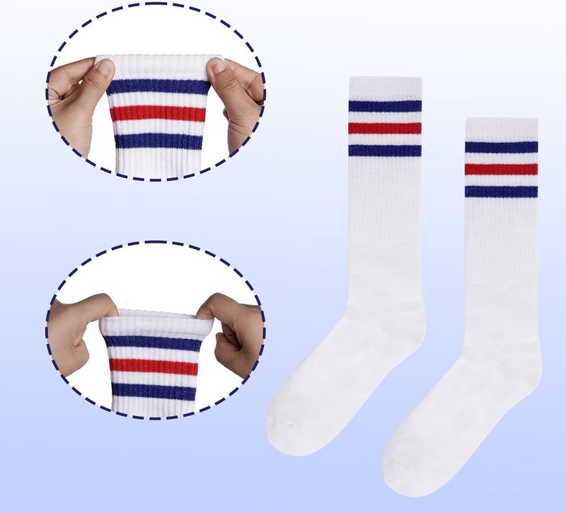 Sucrain 5 Pieces Striped Sweatbands and Socks Set, Sports Sweatbands Wrist Sweat Bands Red, White& Blue High Tube Socks 80s Accessories Costumes for Men Women - Image 3